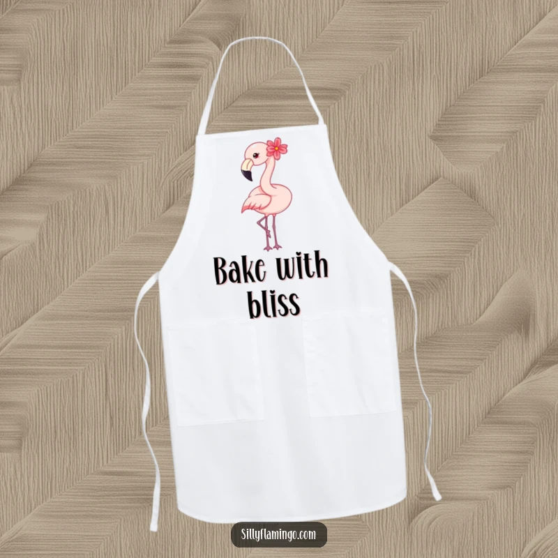 Funny flamingo apron showing a happy bird with a flower, a humorous and practical kitchen accessory.