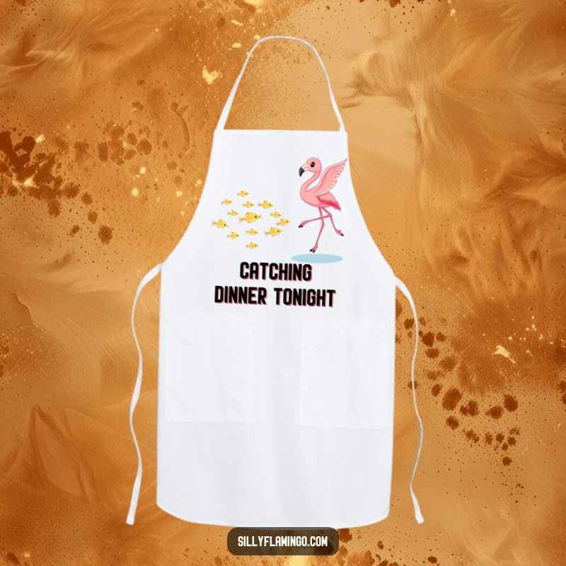 Funny flamingo apron for chefs, playfully chasing a school of tiny shimmering fish, a whimsical and practical kitchen accessory for adding fun to cooking, a great gift.