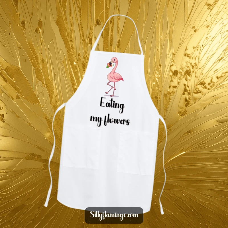 Funny flamingo strut apron showing a pink bird with a flower in its beak, designed for kitchen use with a humorous and fashionable flair.