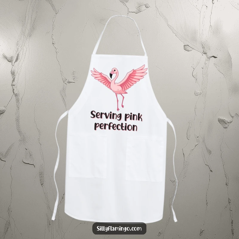 Funny Flamingo Apron: A proud flamingo with outstretched wings soaring gracefully through a pink sky, adding humor to your kitchen attire.