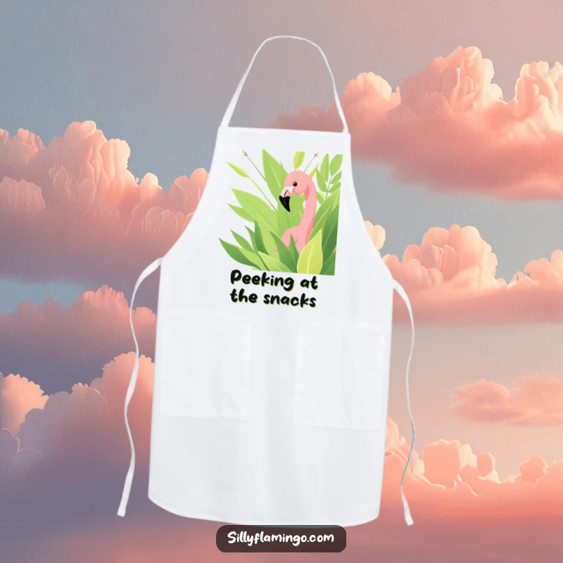 Funny apron for cooks, showing a flamingo curiously peeking from lush green foliage, making meal prep a joy.