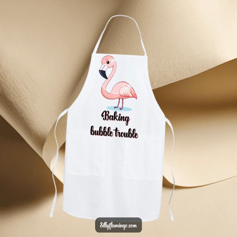 Funny Flamingo Apron: A flamingo wears an apron, puffing its cheeks to blow a large bubble.
