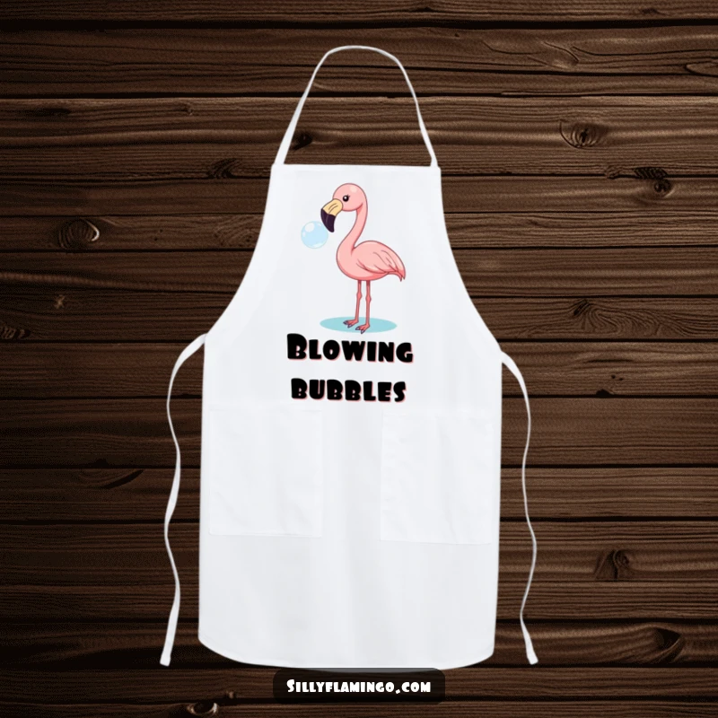 Funny flamingo apron that shows a cheerful bird blowing a large bubble, perfect for cooking and baking adventures.
