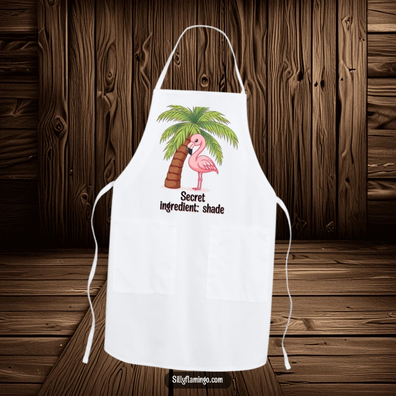 Funny kitchen apron with a pink flamingo curiously peeking from behind a palm tree, designed for cooks who love tropical humor.