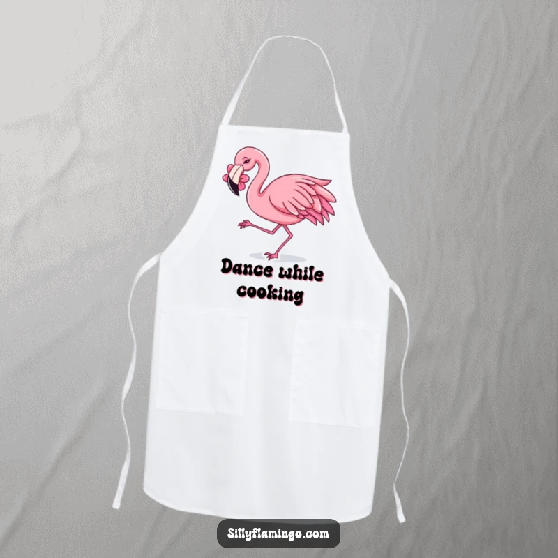 Funny Apron featuring a flamingo wearing a flower behind its ear, dancing with a joyful shimmy while cooking.