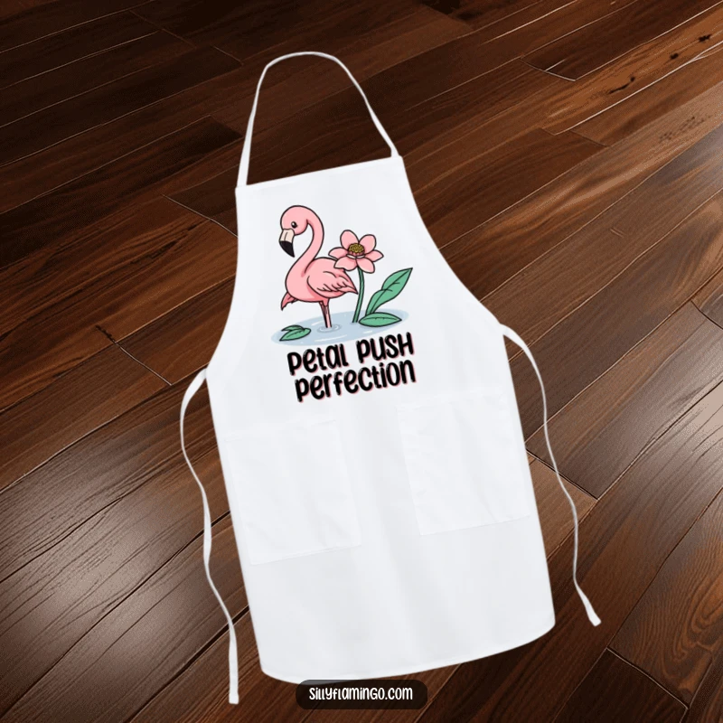 Funny flamingo gently nudging a floating flower with its beak on a practical and humorous kitchen apron.