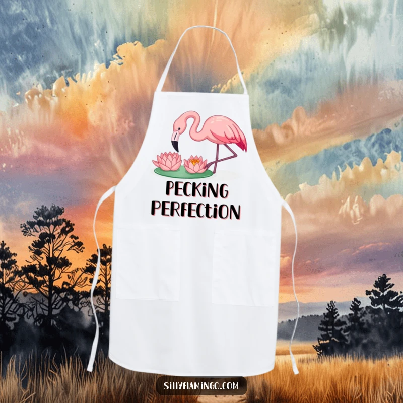 Funny flamingo happily pecking a water lily, on a charming and humorous apron for kitchen use