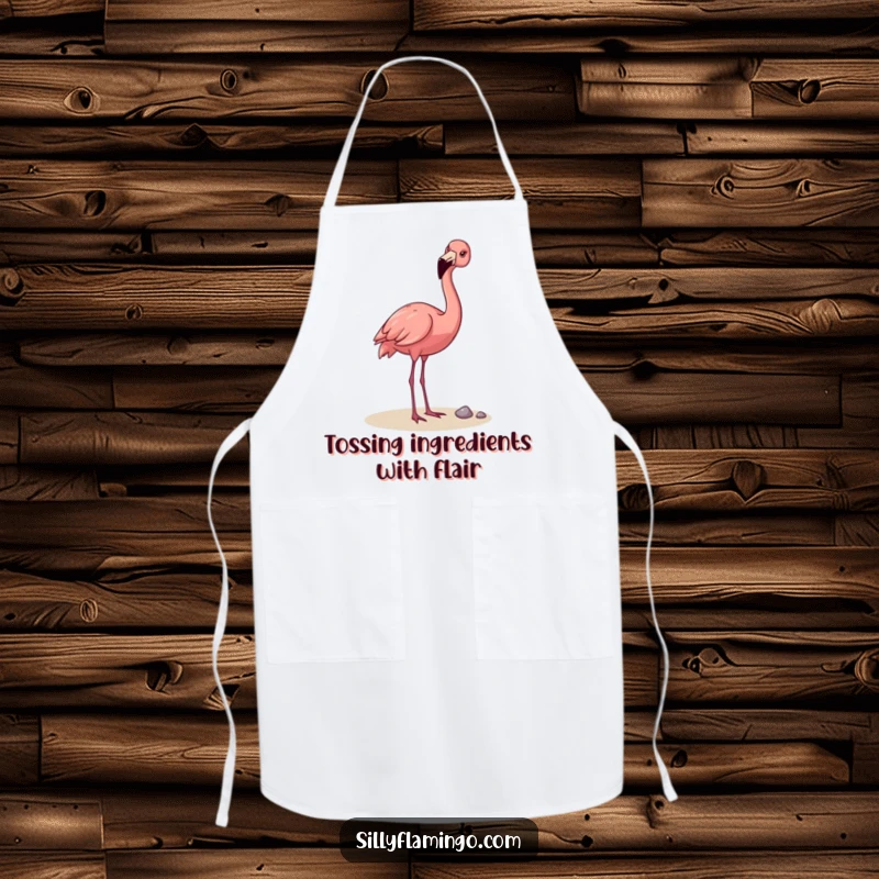 Funny Flamingo Apron: A happy flamingo playfully tossing a pebble with its beak, designed for kitchen fun and adding a humorous touch to cooking.