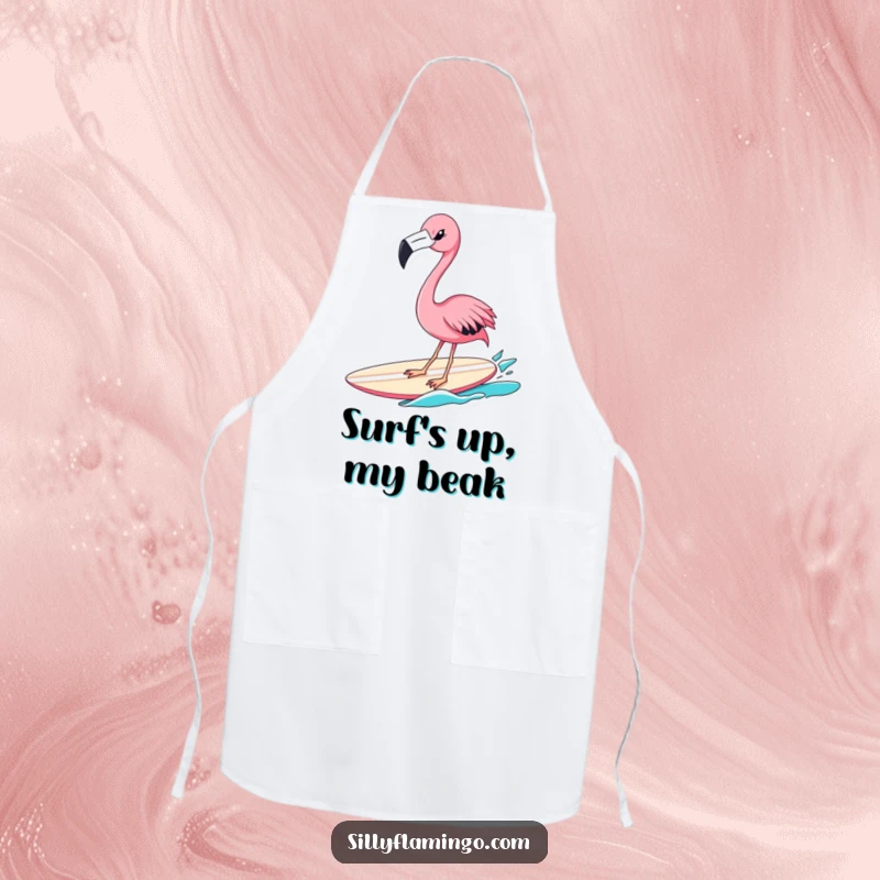 Funny flamingo surfer apron showing a winking pink bird riding a surfboard, designed for kitchen adventures with a dose of humor and style.