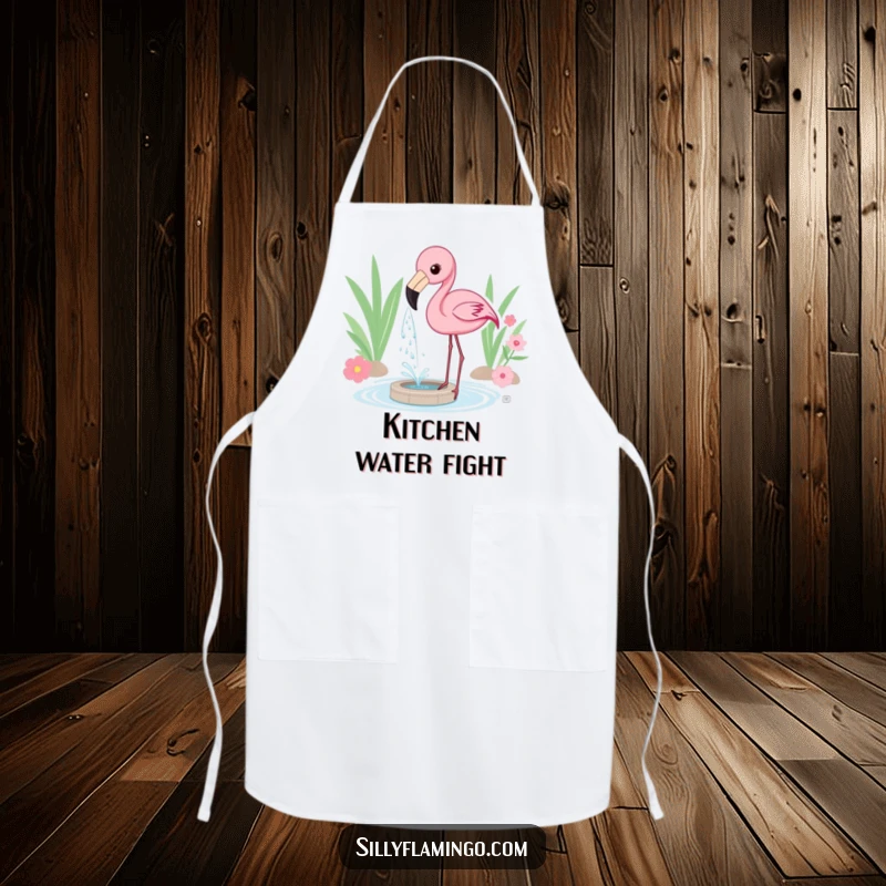 Funny Apron featuring a flamingo playfully spraying water from its beak, creating a mini-fountain while cooking.