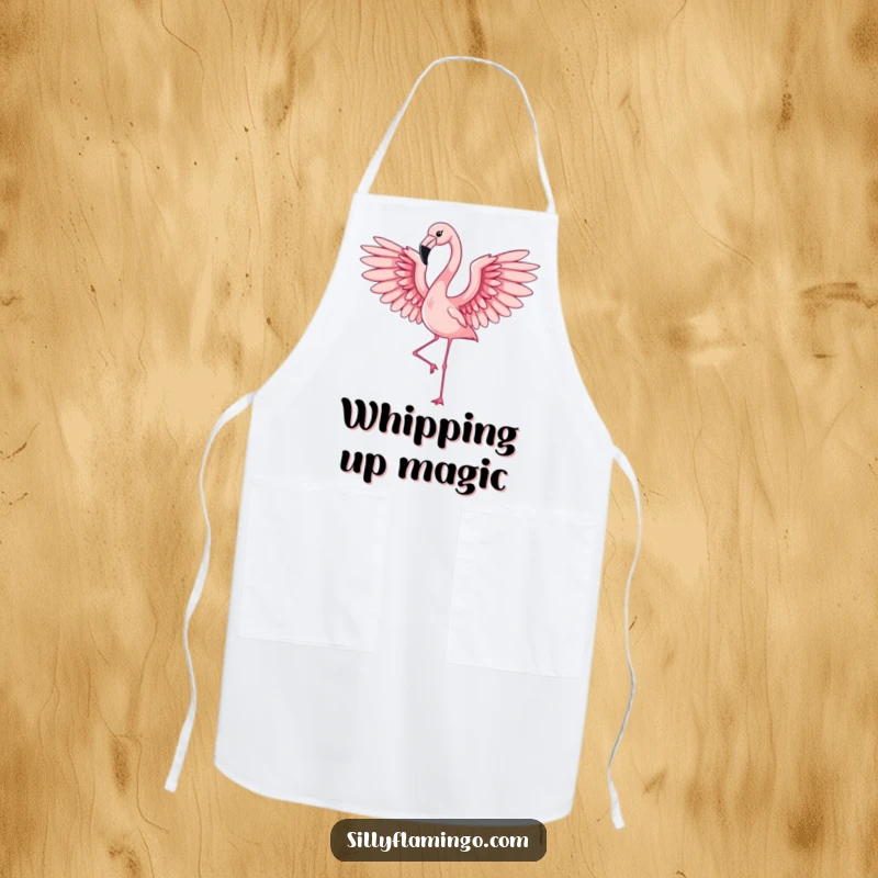 Funny flamingo with elegant wings in mid-flap, on a stylish and humorous apron for cooking