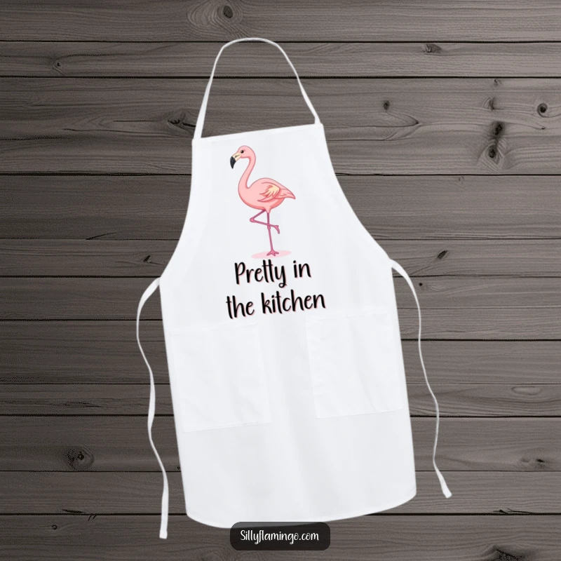 Funny kawaii flamingo gracefully stretching, on a charming and functional apron for cooking and baking