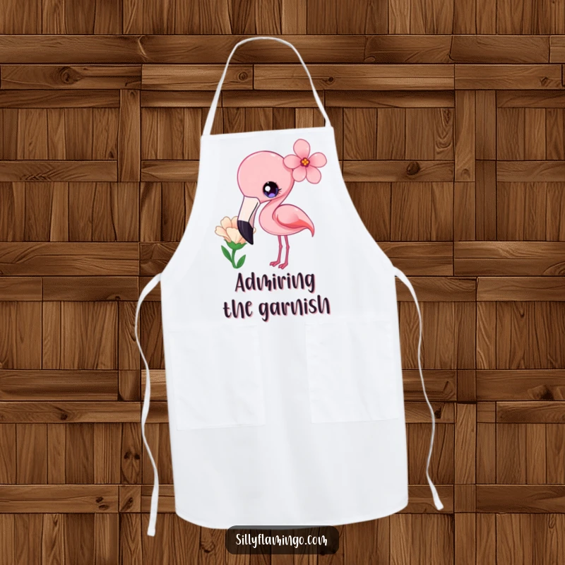 Funny Apron showing a kawaii flamingo with bright eyes, curiously tilting its head at a flower.
