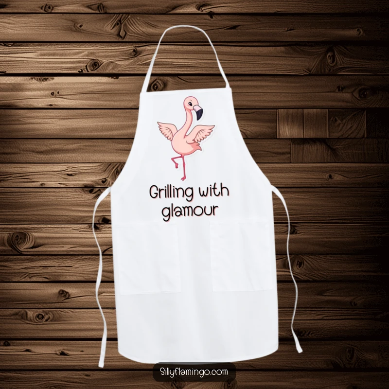 Funny apron illustrating a kawaii flamingo winking and flapping its wings energetically, ideal for humorous cooking or crafting activities.