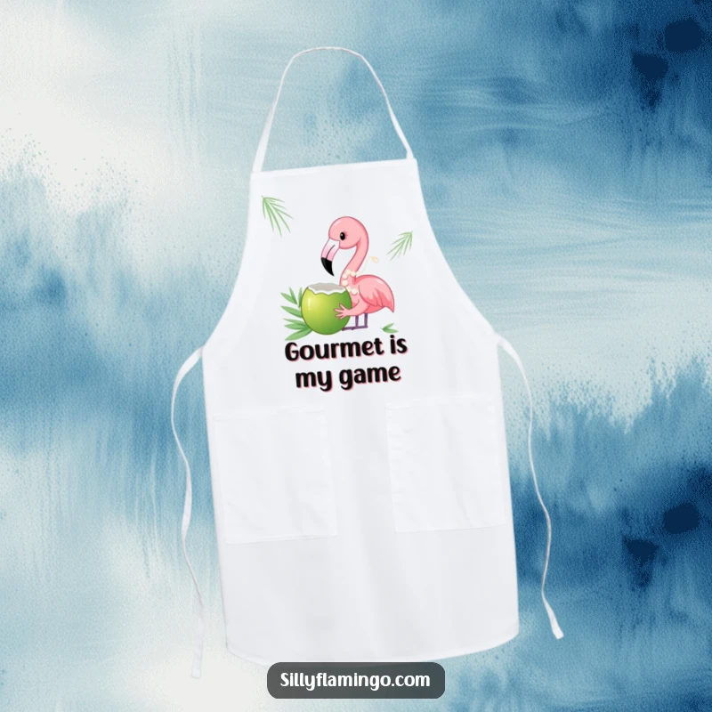 Funny apron showing a flamingo with pearls sipping from a coconut, adding elegance and humor to kitchen duties.