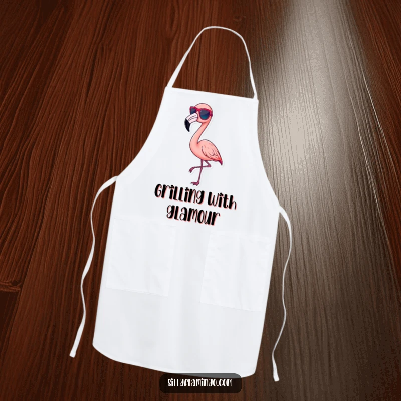 Funny pink flamingo apron, wearing tiny sunglasses and striking a chic pose, adding style to the kitchen, a humorous funny gift.
