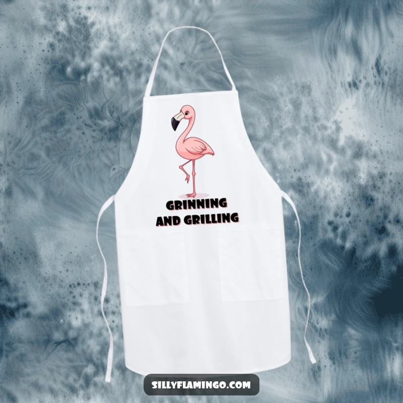 Funny apron for a chef, showing a happy flamingo with a wide grin, elegantly balancing on one leg while cooking.