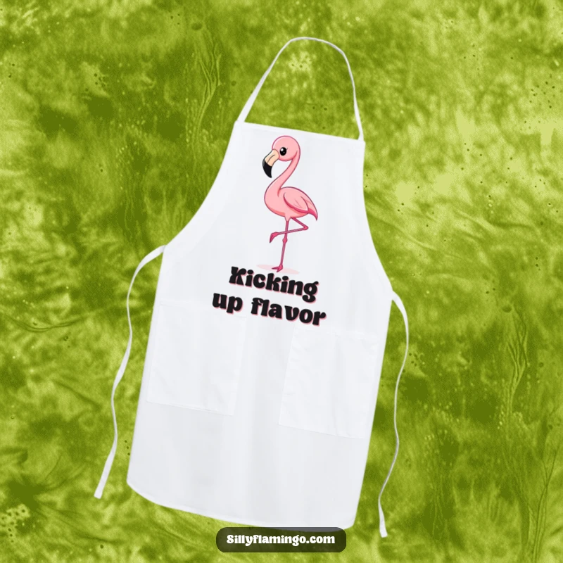 Funny Flamingo Kick Apron showing a vibrant flamingo kicking its leg high, perfect for a cheerful and protected cooking experience.