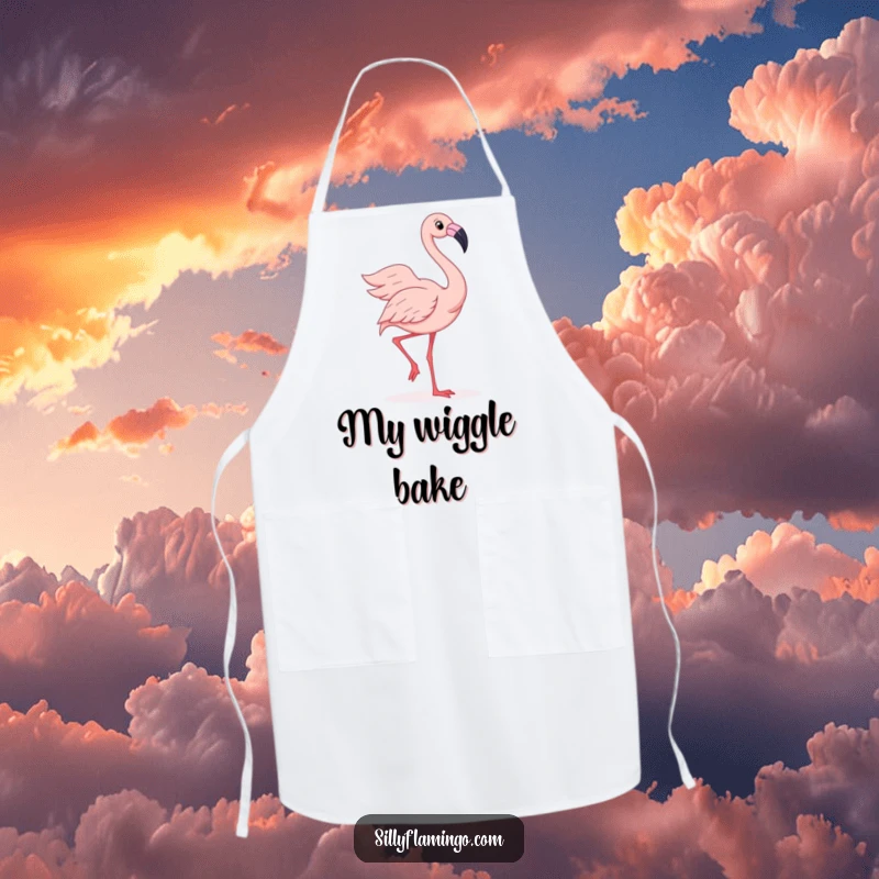 Funny apron depicting a joyful flamingo doing a silly wiggle dance with its feathers spread wide, perfect for kitchen fun.