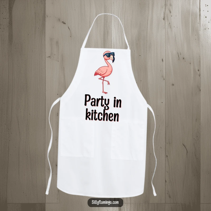 Funny flamingo apron showing a vibrant bird in sunglasses dancing, a humorous addition to any kitchen.