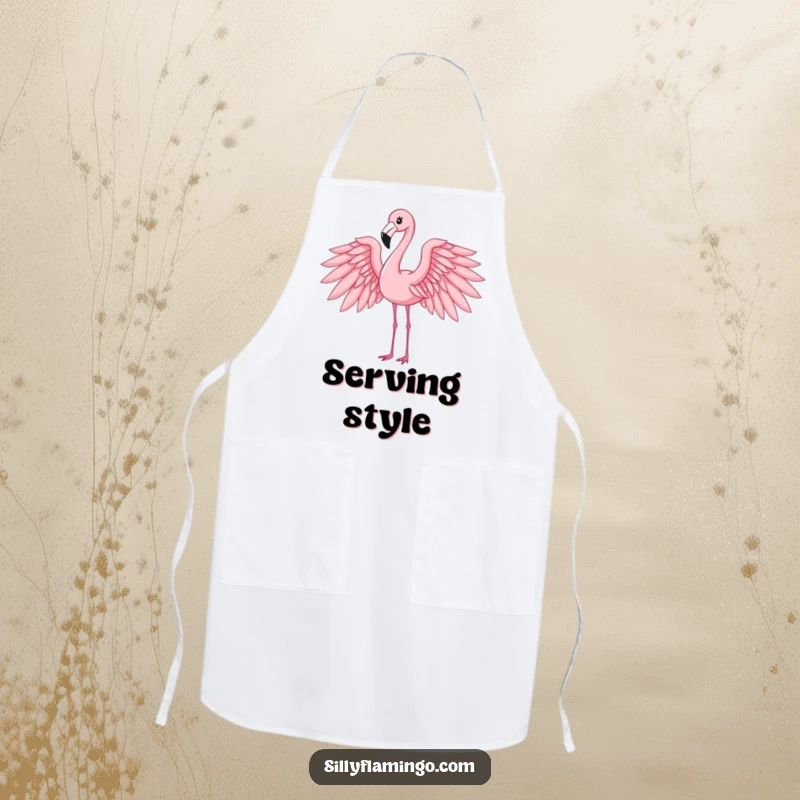 Funny flamingo apron featuring an elegant bird with outstretched wings, blending kitchen practicality with artistic grace.