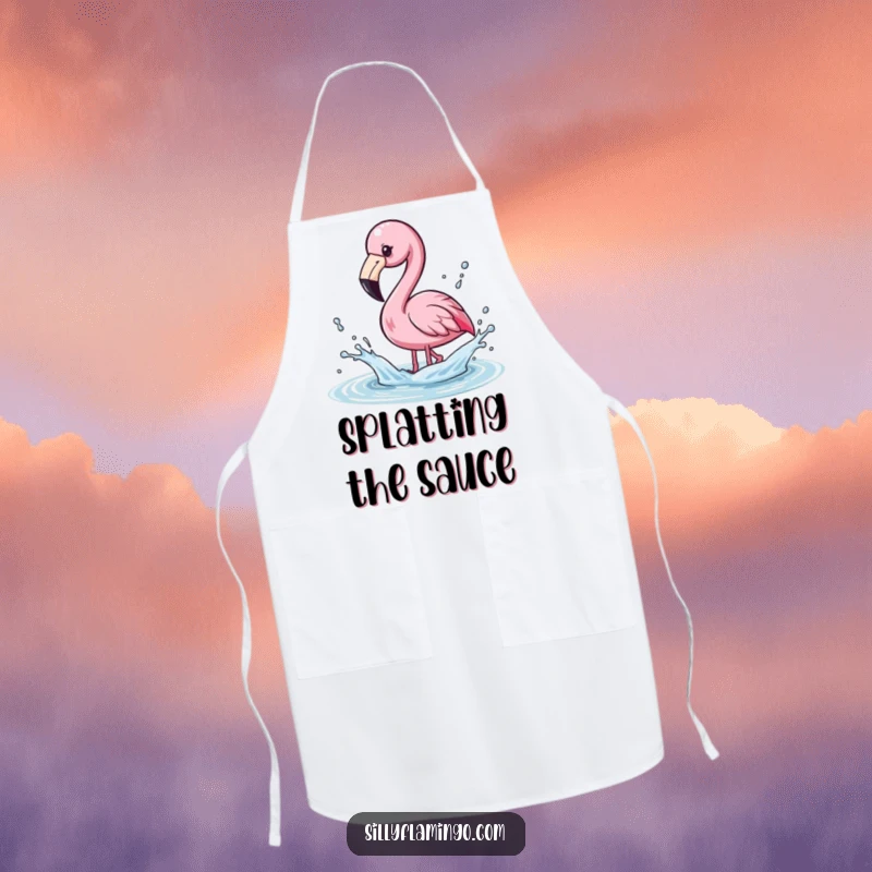 Funny Apron showing a kawaii flamingo playfully splashing water with its beak, sending droplets flying.