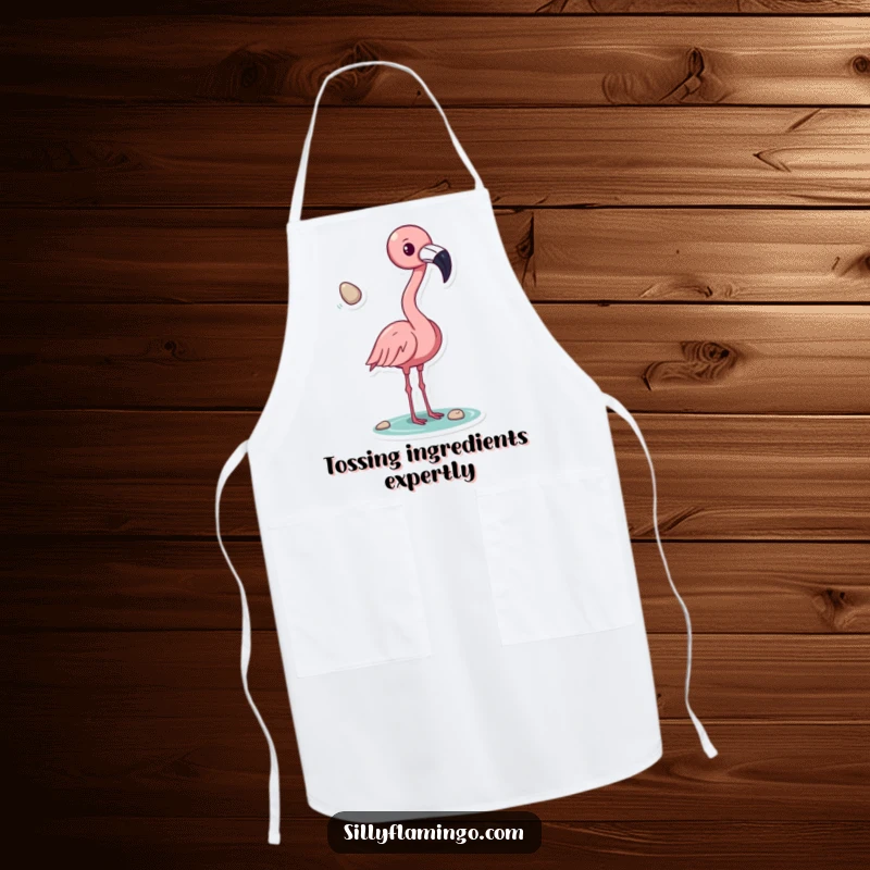 Funny flamingo apron for chefs, tossing a shiny pebble with its beak, a whimsical and practical kitchen accessory for adding fun to cooking, a great gift.