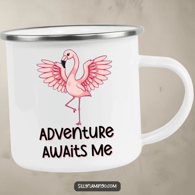 Funny flamingo with elegant, outstretched wings, featured on a durable and humorous camping mug