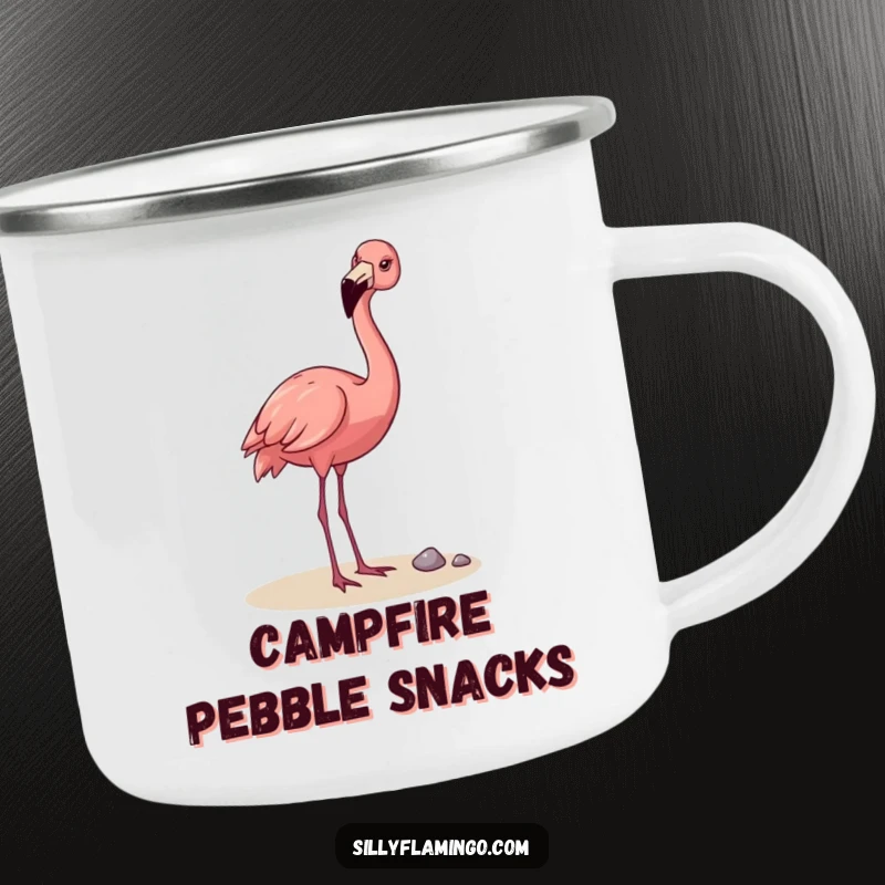 Funny Flamingo Camping Mug: A happy flamingo playfully tossing a pebble with its beak, ideal for outdoor adventures and adding humor to drinks.