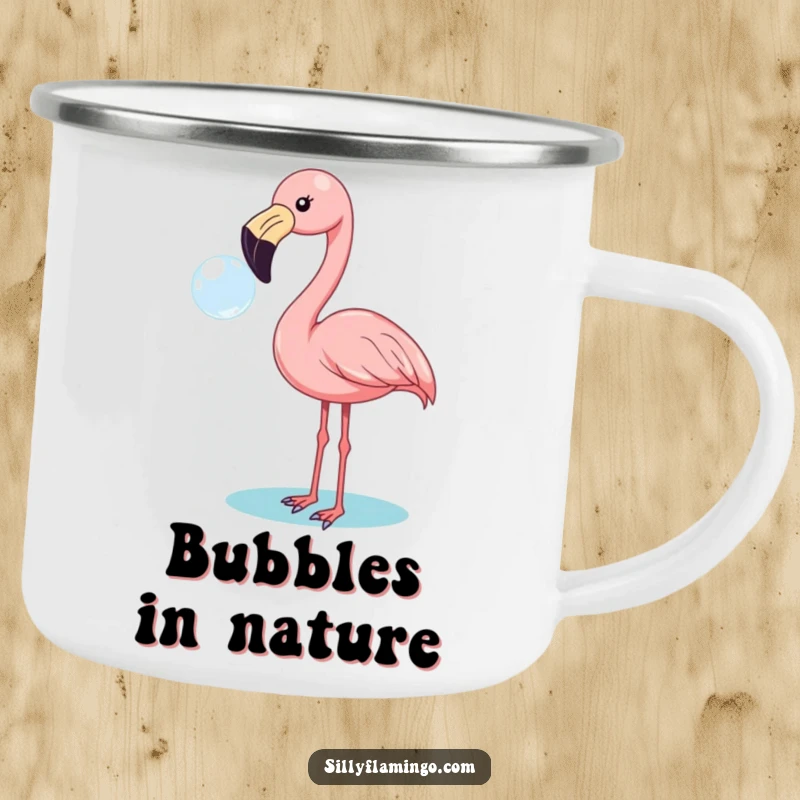 Funny flamingo camping mug with a cheerful bird blowing a bubble, perfect for hot or cold drinks outdoors.