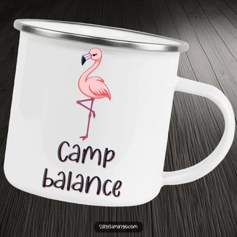 Funny Flamingo Wink Camping Mug showing a graceful flamingo winking, ideal for enjoying drinks with elegance and humor outdoors.