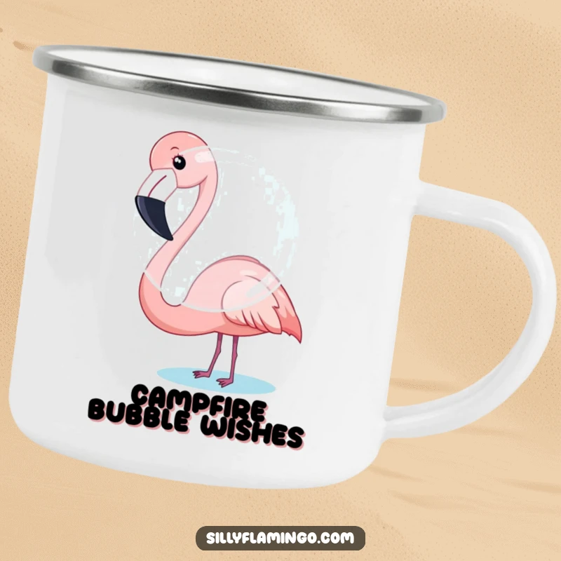 Funny Flamingo Camping Mug: A flamingo humorously attempts to blow a giant bubble, ideal for camping.