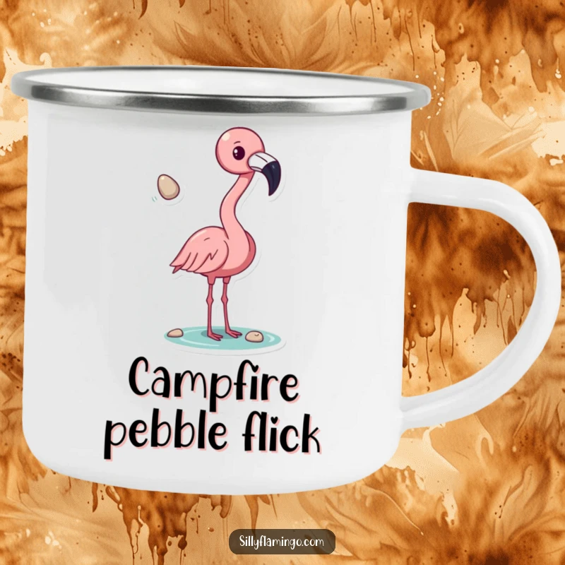 Funny flamingo camping mug, tossing a shiny pebble with its beak, perfect for outdoor adventures and morning coffee, a durable and humorous gift.