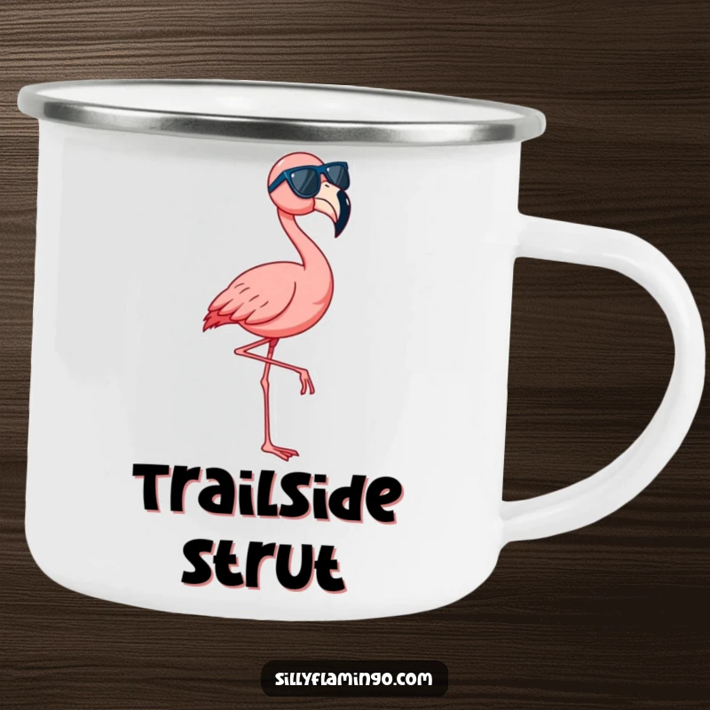 Funny flamingo camping mug showing a bird dancing, a humorous and durable companion for outdoor escapades.