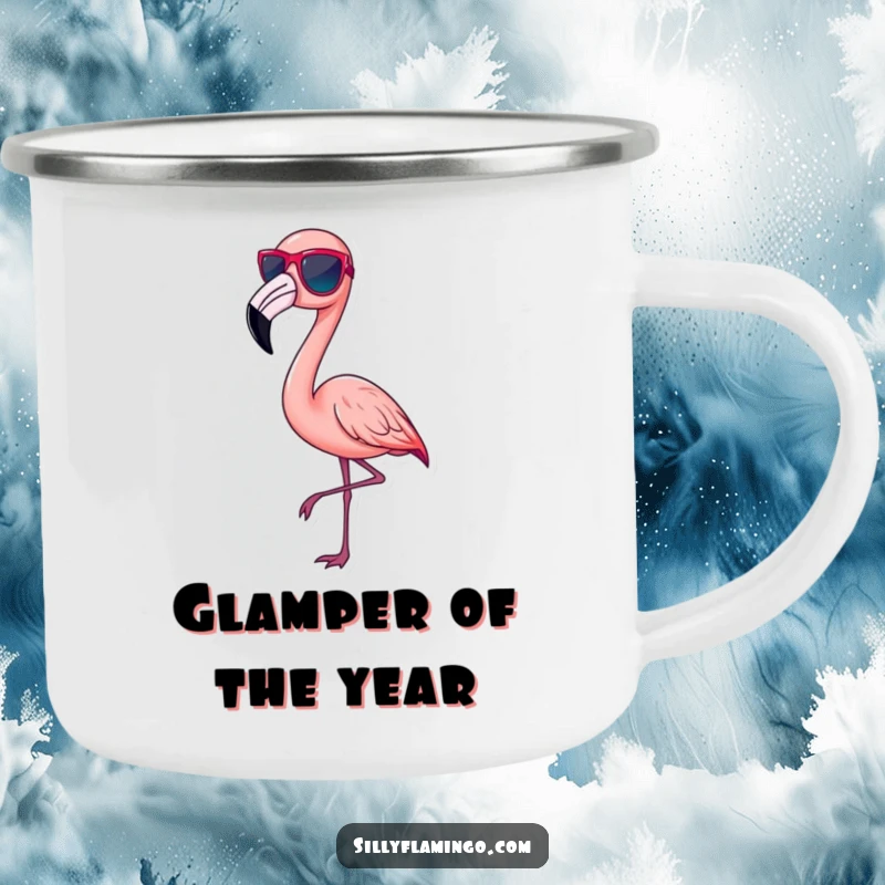 Funny pink flamingo camping mug, wearing tiny sunglasses and striking a chic pose, embodying cool style, durable and humorous funny gift.