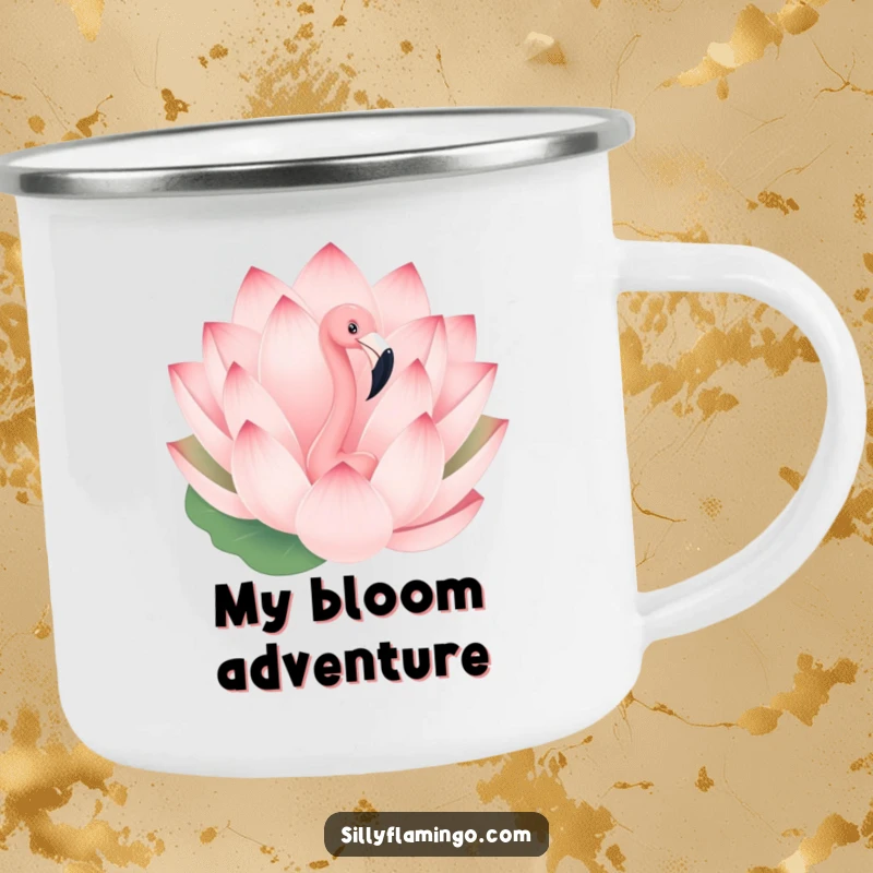 Funny camping mug with a playful flamingo peeking from behind a large lotus flower, perfect for outdoor beverages.