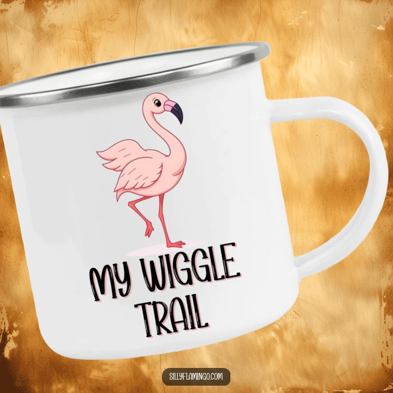 Funny camping mug with a joyful flamingo doing a silly wiggle dance with its feathers spread wide, perfect for outdoor use.