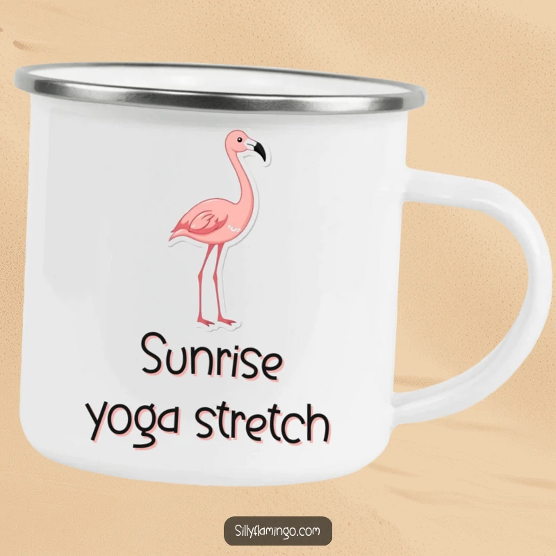 Funny flamingo camping mug featuring a graceful bird stretching its neck, designed for durability and adding humor to outdoor trips.