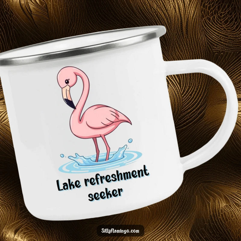 Funny pink flamingo camping mug, playfully splashing water, embodying tropical fun, durable and humorous funny gift.