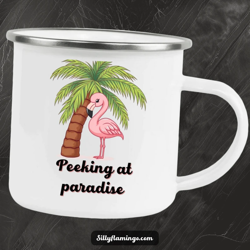 Funny enamel camping mug with a pink flamingo curiously peeking from behind a palm tree, designed for outdoor enthusiasts.