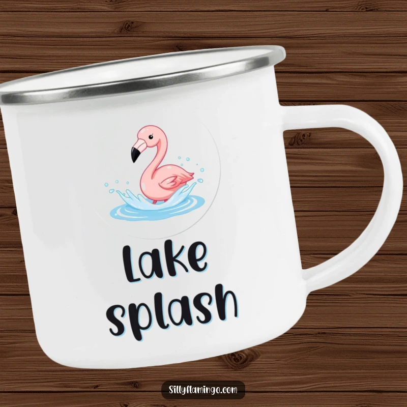 Funny Flamingo Splash Camping Mug showing a flamingo joyfully splashing in sparkling water, ideal for enjoying drinks outdoors.