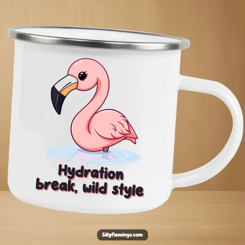 Funny flamingo camping mug with a happy flamingo with a wide beak dipping its head into water.