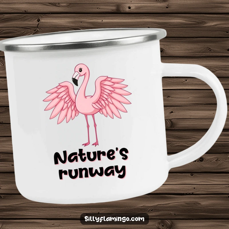 Funny flamingo camping mug showcasing an elegant bird with outstretched wings, perfect for enjoying beverages by the campfire.