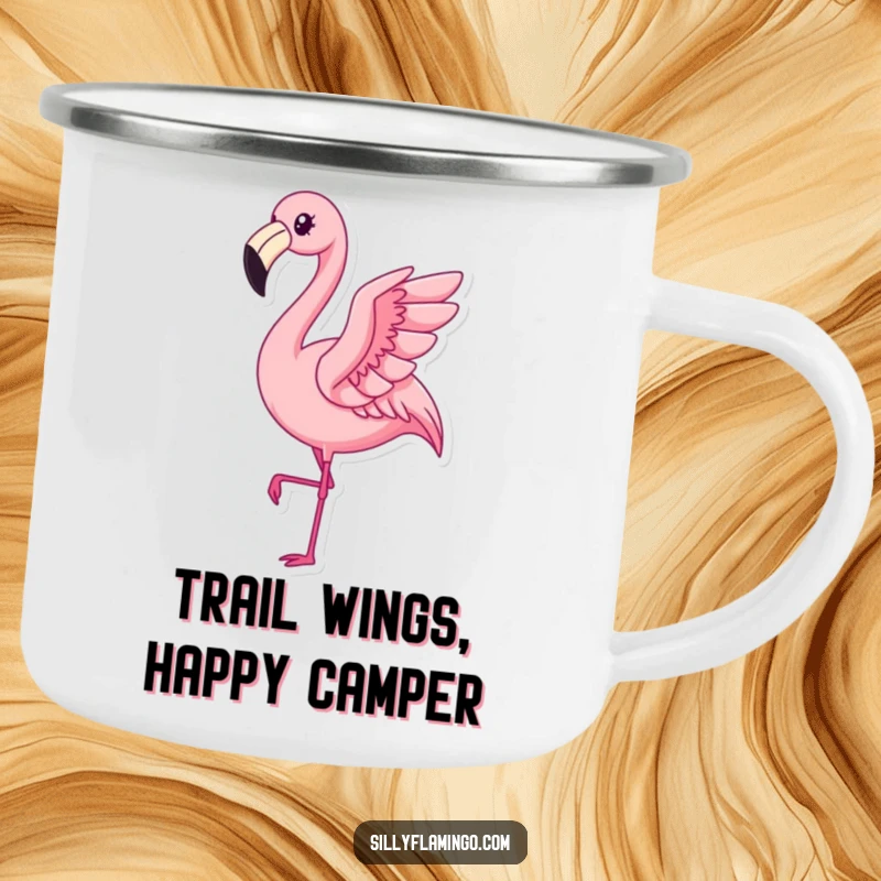 Funny Kawaii Flamingo Camping Mug depicting a pleased bird’s subtle flap, perfect for humorous outdoor sipping.