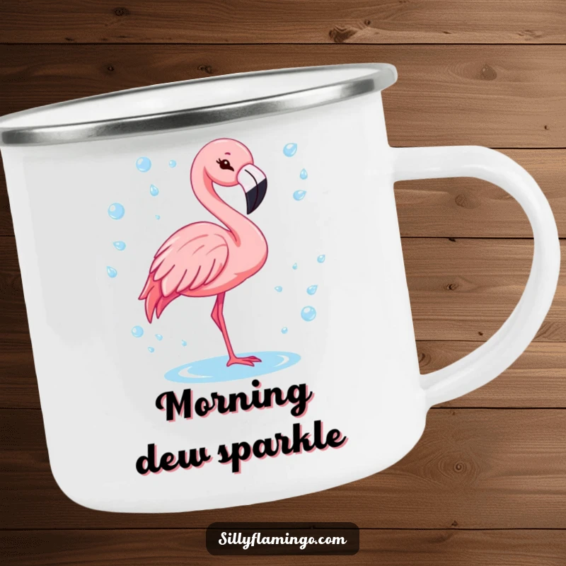 Funny flamingo with a cheerful wink, surrounded by sparkling water drops on a durable camping mug.