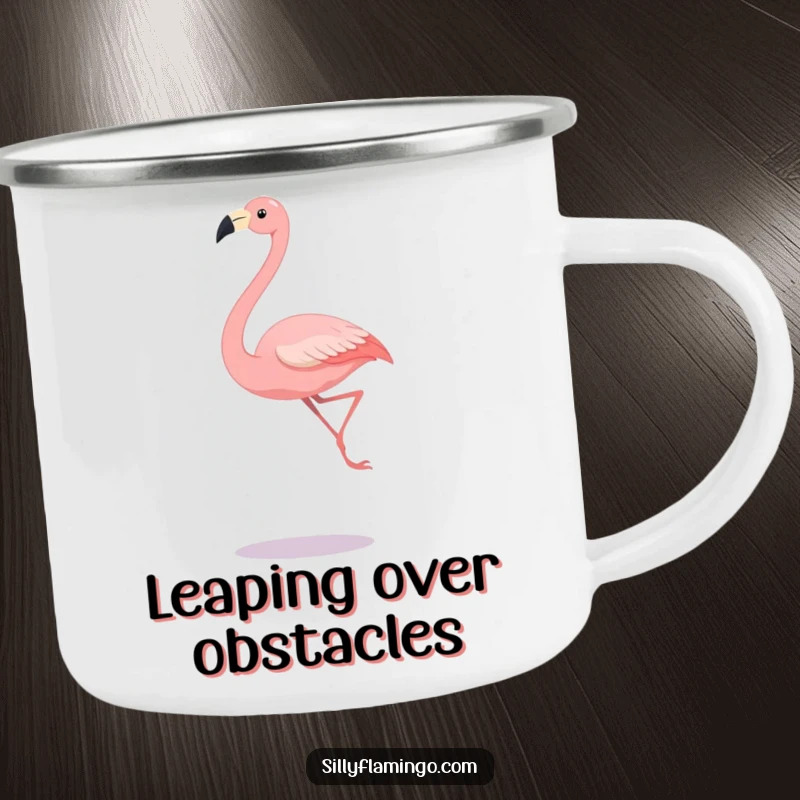 Funny enamel camping mug featuring a long-legged flamingo leaping gracefully, ideal for outdoor humor and drinks.