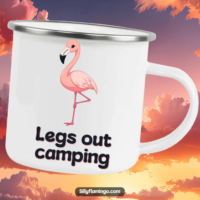 Funny camping mug showing a cute flamingo gracefully extending its leg, perfect for enjoying drinks outdoors with elegance, a unique gift.