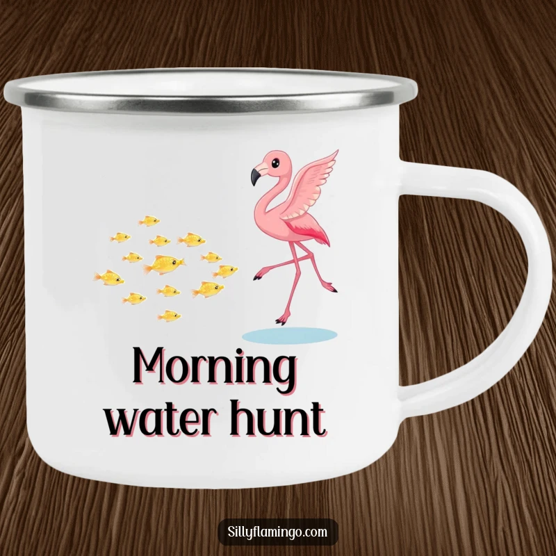 Funny flamingo camping mug, playfully chasing a school of tiny shimmering fish, perfect for outdoor adventures and morning coffee, a durable and humorous gift.