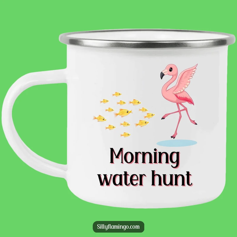 Funny Flamingo Camper Mug - Adventure with Fish Chase Fun, Perfect Outdoor Gift!