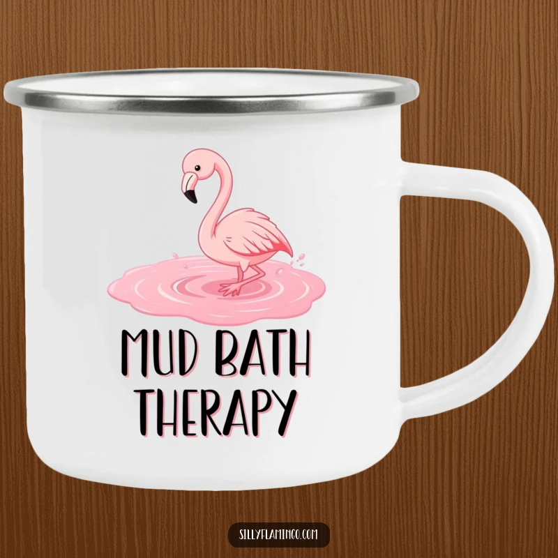 Funny flamingo camping mug showing a playful bird splashing in a pink puddle, perfect for drinks on the go.
